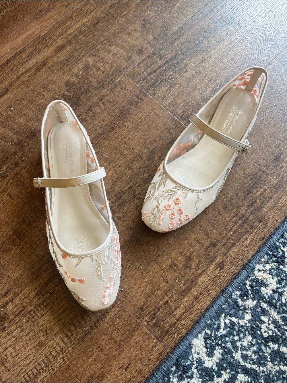 Floral Embroidered Mary Jane Flats - Beige with Pink Accents